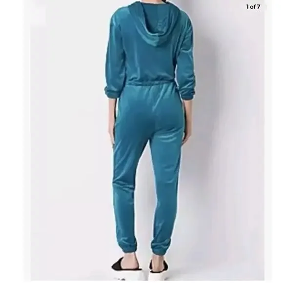 Juicy Couture Women Teal Velour Velvet Jumpsuit with Hoodie Size XL - Picture 2 of 12